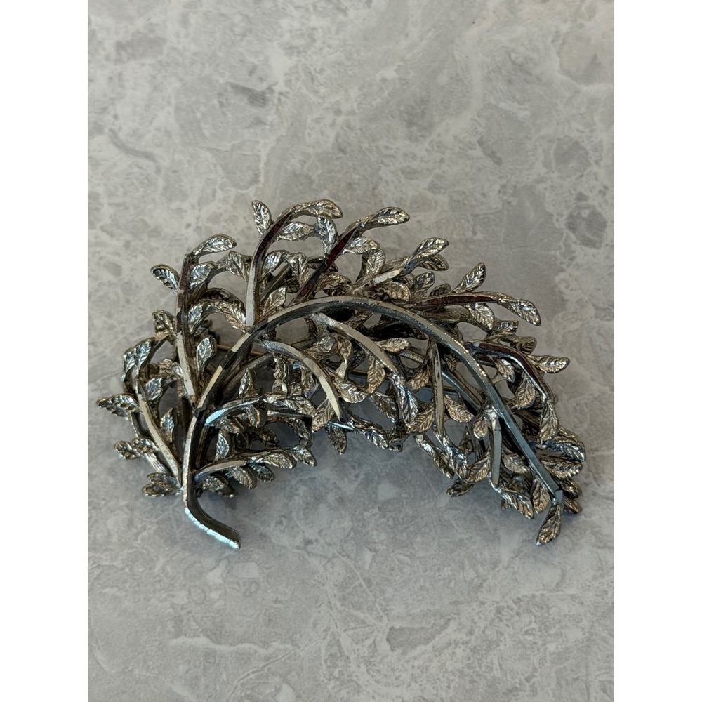 BSK Vintage Silver Tone Textured Leaf Branch Brooch Pin Mid Century Modern